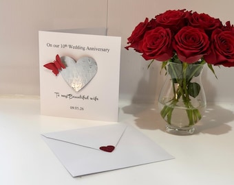 10th Anniversary Tin Card: Handmade Heart with Red Butterfly