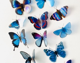 Blue Butterfly Wall Decor, Handmade Faux Butterflies (Set of 12)