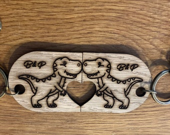 Personalised, initialled, couples, pair of love heart dinosaur key rings, romantic, great anniversary gift made from 4mm veneered oak