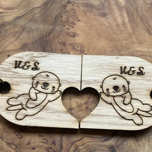 Personalised, initialled, couples, pair of love heart Otter key rings, valentines, anniversary made from 4mm veneered oak