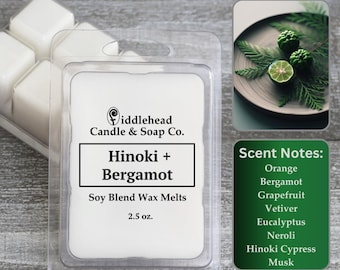 Hinoki + Bergamot Soy Wax Melts, Strong Scented Wax Melts, Wax Warmer Cubes, Incense Wax Tarts, Soy Blend Wax Melts, Wax Snap Bars
