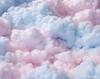 May include: A close-up of a fluffy, cloud-like texture with a gradient of pink and blue colors. The texture resembles cotton candy or a dreamy, ethereal landscape.