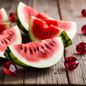 May include: Close-up of watermelon slices on a wooden surface. The watermelon is red and juicy with black seeds. There are also red gemstones scattered around the watermelon.
