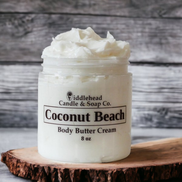 Coconut Beach Body Butter Cream with Shea + Cocoa Butter, Tropical Butter Crème, Thick Cream Lotion, Whipped Body Butter