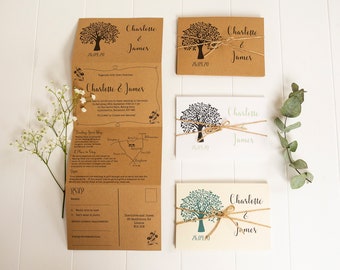 Tri folded Woodland wedding invitations / All in one rustic tree invites / Concertina fold / Country forest / Barn theme