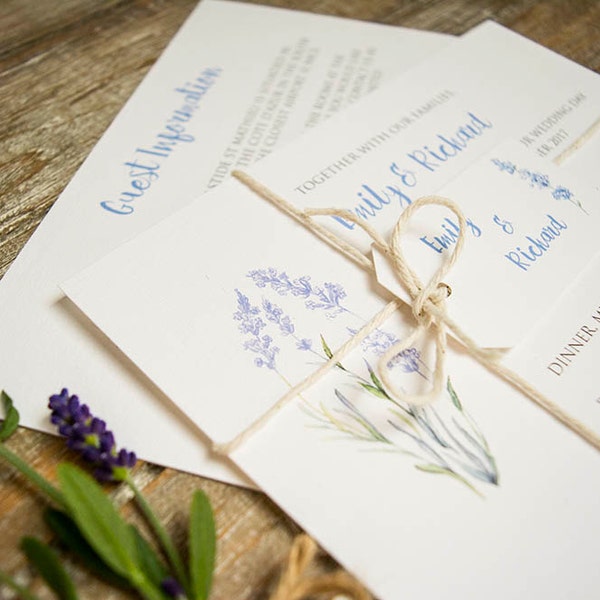 Lavender wedding invitation with twine and tag / Lavender invite / country wedding / barn wedding / France / rustic / watercolour / SAMPLE