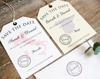 Luggage tag Save the Date card, wedding abroad, country location map & travel stamp / Destination,  overseas invite, save our date