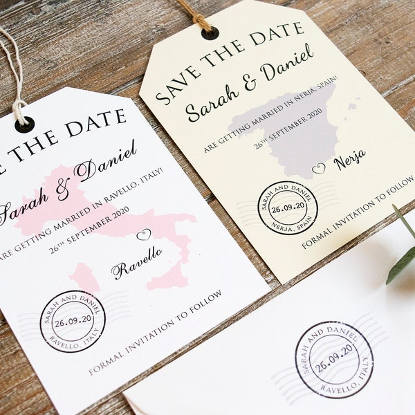 Luggage tag Save the Date card, wedding abroad, country location map & travel stamp / Destination,  overseas invite, save our date