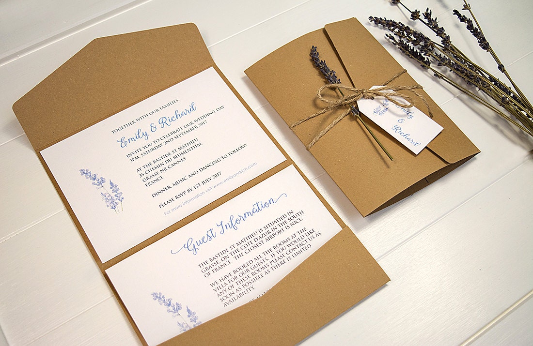 Rustic lavender pocketfold wedding invitation with jute twine | Etsy