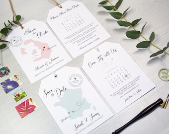 Map destination Save the Date card with calendar / Luggage tag & plane travel stamp/ Overseas wedding / abroad invitations, any country A6