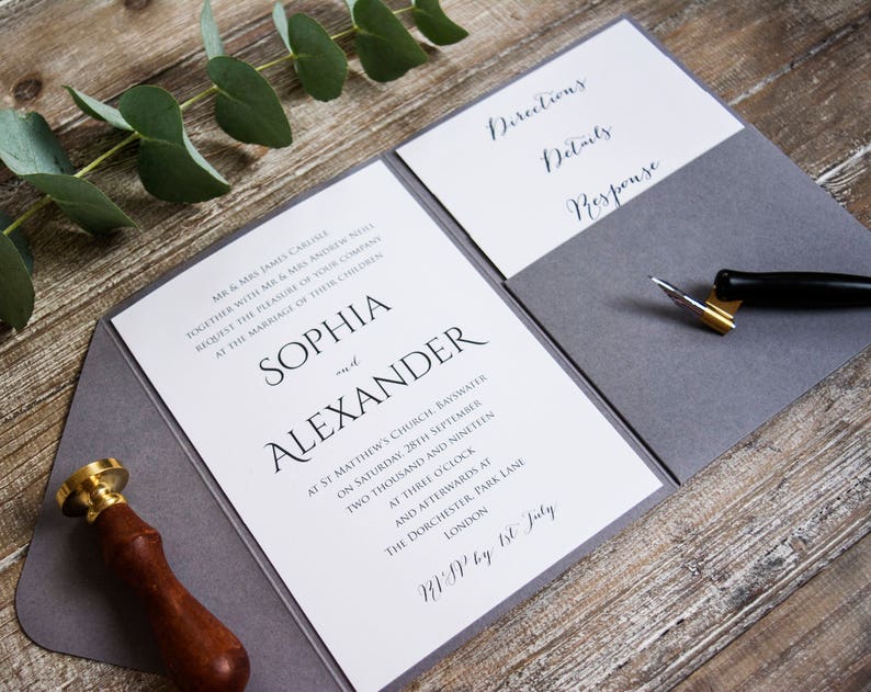 Modern Classic Pocketfold Wedding Invitations / Elegant Grey | Etsy UK