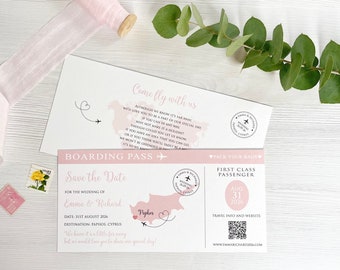 Boarding pass save the date card for destination wedding abroad, Passport invitation, overseas wedding with country map, plane travel stamp