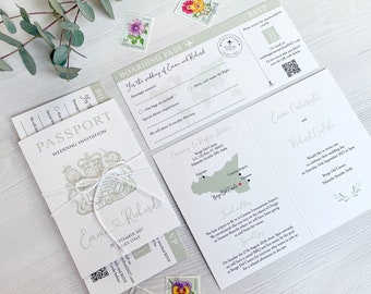 Passport wedding invitation, boarding pass RSVP, destination map, travel stamp, plane ticket invite, luggage save the date, wedding abroad