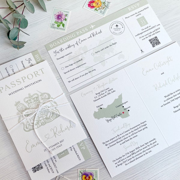 Passport wedding invitation, boarding pass RSVP, destination map, travel stamp, plane ticket invite, luggage save the date, wedding abroad