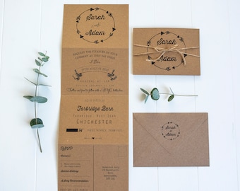 Rustic tri-fold all in one wedding invitations with twine / Concertina fold typography invites/ Boho kraft card/ shabby chic / SAMPLE