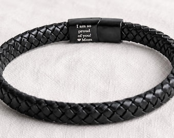 Personalised Men's Leather Bracelet, Hidden Message Engraving, Matte Black Stainless Steel Clasp