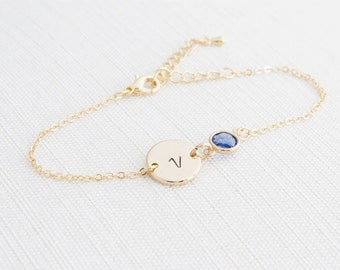 Gold Birthstone & Initial Bracelet, Gold plated Bracelet, Personalised Disc Bracelet, Initial Bracelet,  Birthstone bracelet