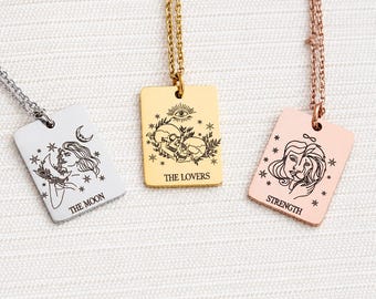 Tarot Card Necklace, Personalised Stainless Steel Pendant, Waterproof Witchy Jewellery, Celestial Gift for Her
