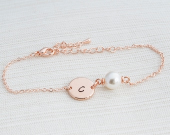 Rose gold and Pearl initial bracelet, Pearl bracelet, Initial bracelet, bridesmaid gift
