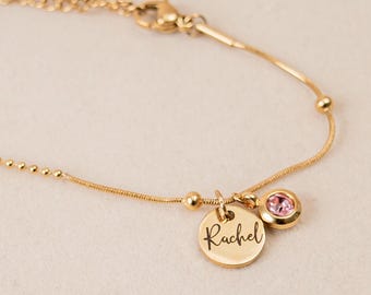 Personalised Name Bracelet with Birthstone Charm, Gift for Her, Birthday Jewellery