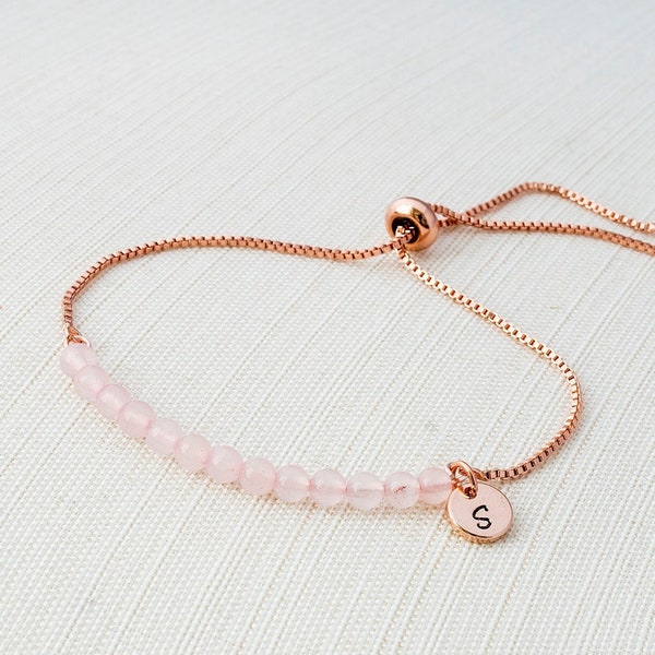 Personalised rose quartz slider bracelet, available in gold, rose gold and silver, rose quartz bracelet