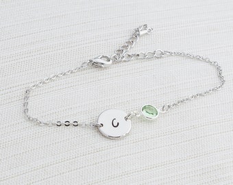 Silver Birthstone & Initial Bracelet, Silver Bracelet, Personalised Disc Bracelet, Initial Bracelet, Stacking Bracelet, Birthstone bracelet