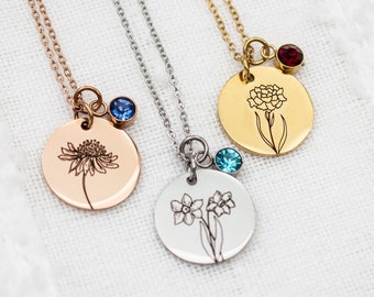 Birth flower and Birth stone  Necklace, Birthday Gift, Non Tarnish Stainless Steel, flower necklace, botanical jewelry, gift for her X