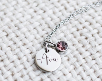 Silver Name and birthstone necklace,  personalized jewellery, birthstone necklace, gift for her