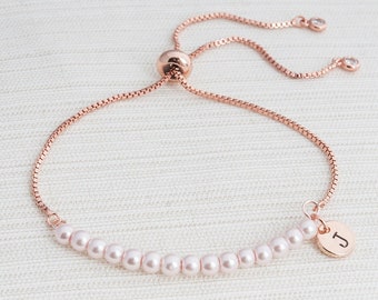 Rose Gold and Pink Pearl initial bracelet, Pearl bracelet, Initial bracelet, bridesmaid gift, slider bracelet