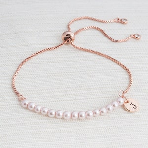 Rose Gold and Pink Pearl initial bracelet, Pearl bracelet, Initial bracelet, bridesmaid gift, slider bracelet