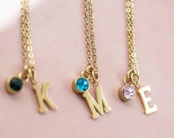 Gold initial and birthstone necklace, stainless steel letter and birthstone necklace, gift for her, personalised necklace
