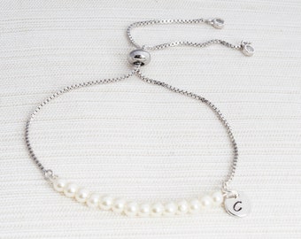 Personalised Ivory Pearl initial bracelet, Pearl bracelet, Initial bracelet, bridesmaid gift, slider bracelet