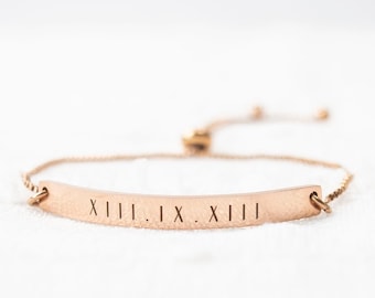 Name Bracelet, Silver, Gold or Rose gold plated, Roman Numeral bracelet, Date Bracelet, Engraved bar bracelet, slider bracelet