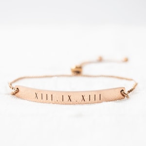 Name Bracelet, Silver, Gold or Rose gold plated, Roman Numeral bracelet, Date Bracelet, Engraved bar bracelet, slider bracelet