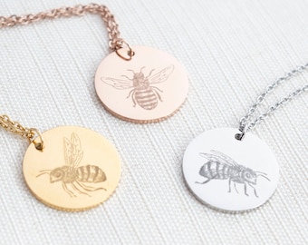 Stainless Steel Bee Necklace, personalised gift, Disc Necklace, Engraved Jewelry, birthday gift, gift for her
