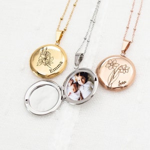 Birth Flower Locket necklace with photo and engraving, Round Locket, non tarnish, Engraved Locket, gift for her, memorial gift