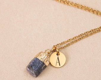 September Birthstone Necklace, Raw Sapphire Initial Charm, Personalised Gold or Silver