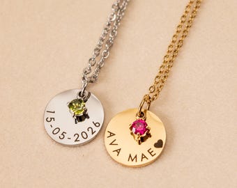 Personalised Stainless Steel Birthstone Necklace, Custom Name Date Disc Pendant, Gold Silver Jewellery Gift