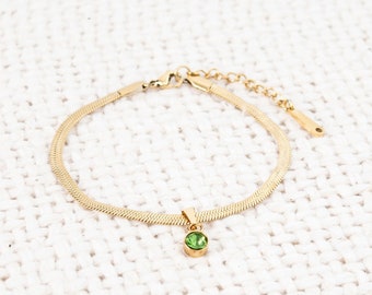 Pulsera de piedra de nacimiento de oro, pulsera de piedra de nacimiento, pulsera de cadena de serpiente, regalo de cumpleaños para ella