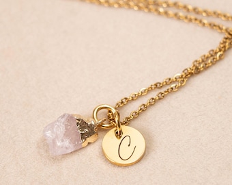 Initial Necklace with Raw Rose Quartz, Personalised Crystal Charm, Gold or Silver