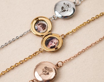Birth Flower Bracelet, Personalised Photo Locket, Engraved Jewellery Gift for Her