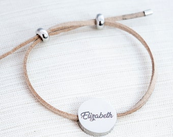 Suede Cord Name Bracelet, Silver, Gold or Rose gold plated, Date Bracelet, Engraved disc bracelet, personalized bracelet