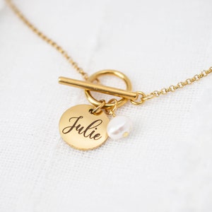 Personalised Gold Pearl Necklace with Engraved Name Disc and Toggle Clasp