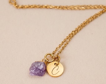 Initial Necklace with Raw Amethyst, Personalised February Birthstone Gift, Gold or Silver