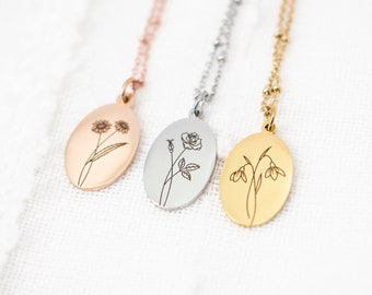 Collier de fleurs de naissance, cadeau d'anniversaire, acier inoxydable qui ne ternit pas, collier de fleurs, bijoux botaniques, cadeau pour elle