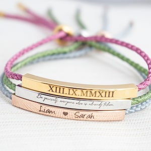 Name Bracelet, Silver, Gold or Rose gold plated, Date Bracelet, Engraved bar bracelet, personalized bracelet, couple bracelet, cord bracelet image 2