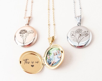 Bouquet Birth Flower Locket necklace with photo and engraving, Round Locket, non tarnish, Engraved Locket, gift for her, memorial gift