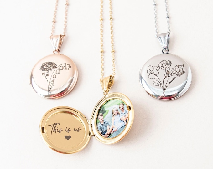 Featured listing image: Bouquet Birth Flower Locket necklace with photo and engraving, Round Locket, non tarnish, Engraved Locket, gift for her, memorial gift