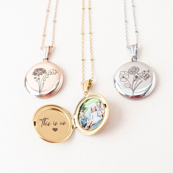 Bouquet Birth Flower Locket necklace with photo and engraving, Round Locket, non tarnish, Engraved Locket, gift for her, memorial gift