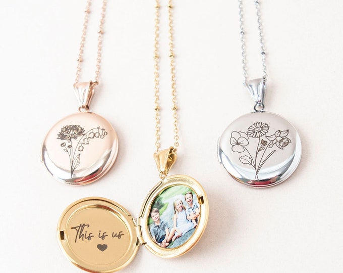 Combined Birth Flower Locket necklace with photo and engraving, bouquet necklace, Round Locket, Engraved Locket, gift for her, memorial gift